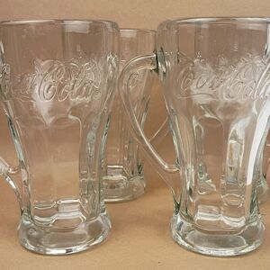 Set of 4 Coca Cola Clear Glass Soda Mugs Embossed Logo 6.25” Tall